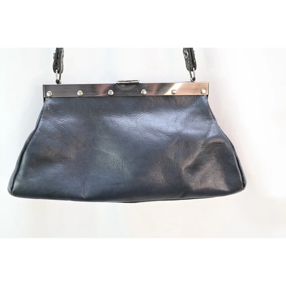 Patricia Nash Navy Italian Leather Floral Embossed Shoulder Bag Silver Hardware